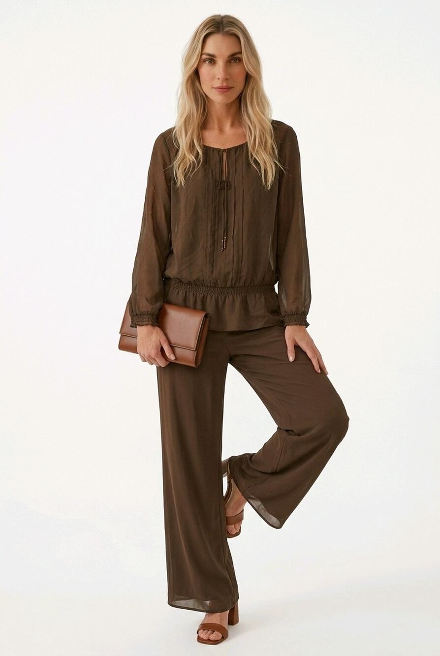 Women's 100% Silk Chocolate Brown Long Sleeve Sexy Y2K Spring Summer Blouse M